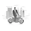 A businessman riding a motorcycle through a city skyline tattoo design idea