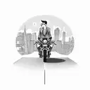 A businessman riding a motorcycle through a city skyline tattoo design idea