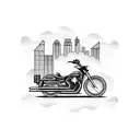 A businessman riding a motorcycle through a city skyline tattoo design idea