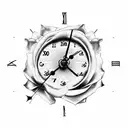 roman clock at 9.15 am. clock is surrounded by rose.date of birth near the top in roman number for 16 January 2015.  tattoo design idea