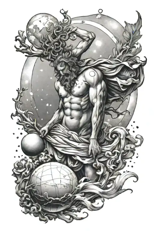 Greek god oceanus, aquarius constellation, first quarter moon, evening nautical twilight  tattoo design idea
