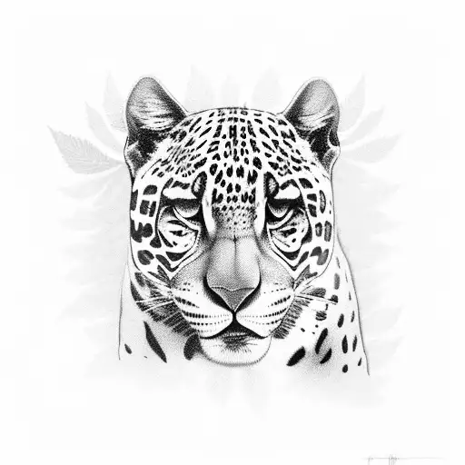  furious jaguar face inna tropical forest with marijuana leaves and psychedelic mushrooms in the background  tattoo design idea