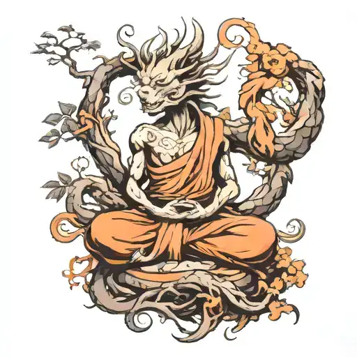 meditation monk dragon tree tattoo design idea