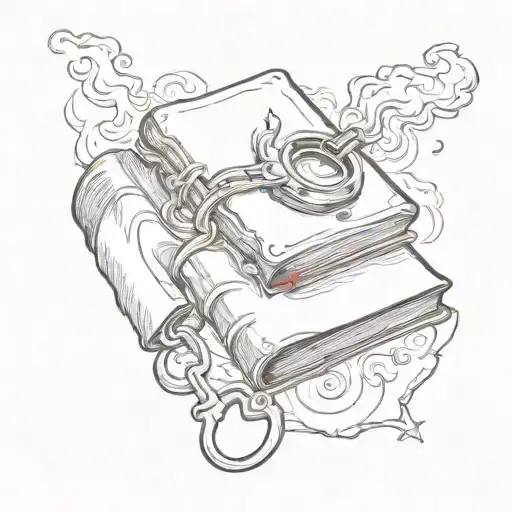 Combine a burning book and a pair of handcuffs in a sketch style tattoo, representing knowledge and restriction tattoo design idea