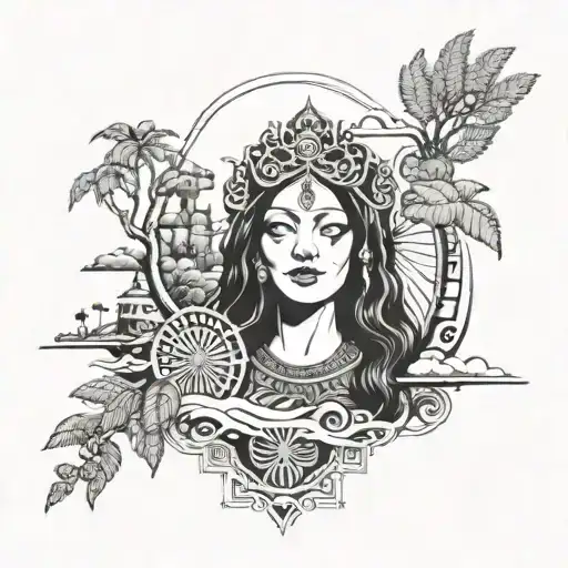 Incorporate elements of Cirio de Nazaré and Marajoara art in a unique design featuring Nossa Senhora de Nazare, set against the backdrop of the Amazon rainforest tattoo design idea