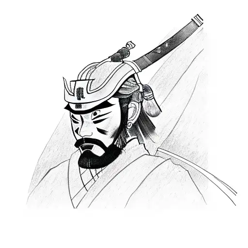 shoulder profile samurai sketch tattoo with japanese letters tattoo design idea