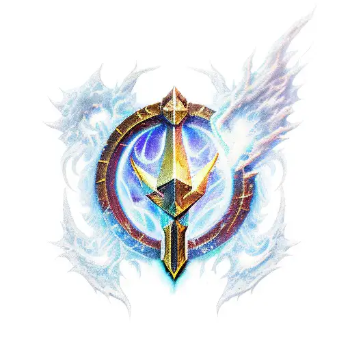 world of warcraft color tattoo with thunderfury pointing downwards placed in the middle voidlord hearthy companion pet tattoo design idea