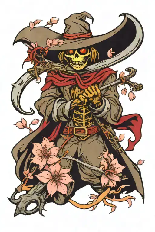 scarecrow holding a scythe surrounded by cherry blossoms tattoo design idea