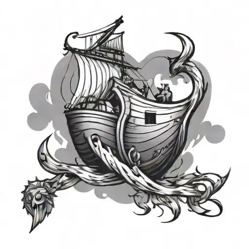 An abstract design combining elements of Noah's ark and David's slingshot in a black-grey style tattoo design idea