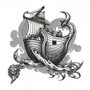 An abstract design combining elements of Noah's ark and David's slingshot in a black-grey style tattoo design idea
