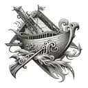 An abstract design combining elements of Noah's ark and David's slingshot in a black-grey style tattoo design idea