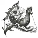 An abstract design combining elements of Noah's ark and David's slingshot in a black-grey style tattoo design idea