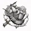 An abstract design combining elements of Noah's ark and David's slingshot in a black-grey style tattoo design idea