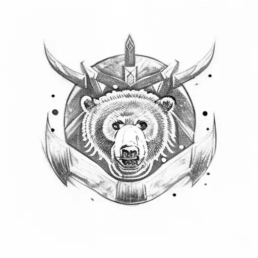 a viking with a skin of a bear over his head and 3 bear cubs one smaller than the other, all with different glowing eye tattoo design idea