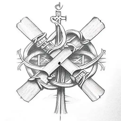 A Catholic-inspired tattoo featuring a cross intertwined with fishing hooks and sailing ropes tattoo design idea