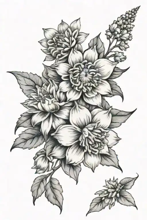 crysanthemum flower, cherry blossom flower, narcissus flower, marigold flower, aster flower and Daisy flower tattoo design idea