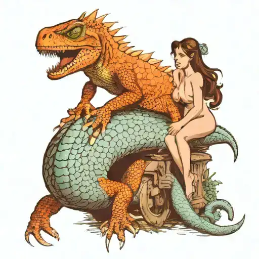hot nude babe riding a lizard,  tattoo design idea
