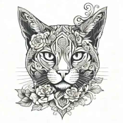 A geometric design of a cat's face surrounded by a wreath of flowers and arabesque motifs tattoo design idea