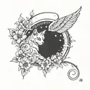 A mystical tattoo of a cat with wings made of delicate flowers flying towards a crescent moon tattoo design idea