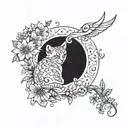 A mystical tattoo of a cat with wings made of delicate flowers flying towards a crescent moon tattoo design idea