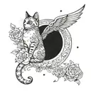 A mystical tattoo of a cat with wings made of delicate flowers flying towards a crescent moon tattoo design idea