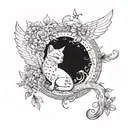 A mystical tattoo of a cat with wings made of delicate flowers flying towards a crescent moon tattoo design idea