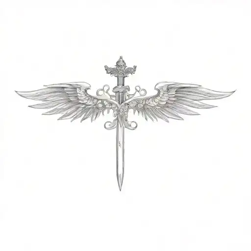 a sword with a devil wing to the left and angel wing to the right tattoo design idea