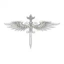 a sword with a devil wing to the left and angel wing to the right tattoo design idea