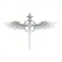 a sword with a devil wing to the left and angel wing to the right tattoo design idea