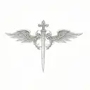 a sword with a devil wing to the left and angel wing to the right tattoo design idea
