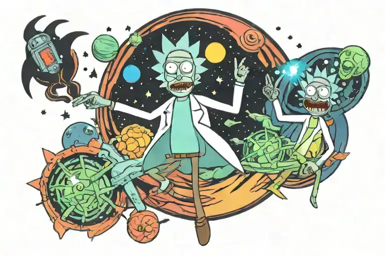 Rick and Morty in bright colors on the background of space tattoo design idea