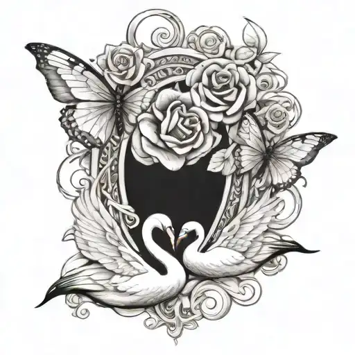 2 swans butterfly and rose intertwined symbolizing marraige tattoo design idea