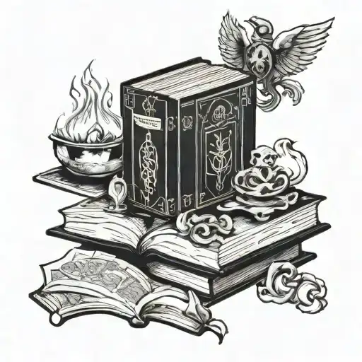 A stack of books with mystical symbols on the spines intertwined with tarot cards tattoo design idea