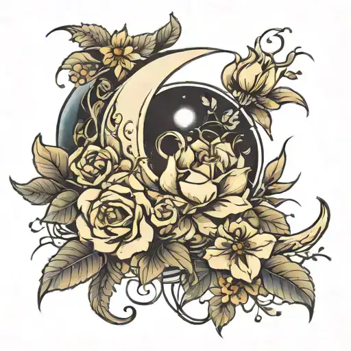 moon with flowers intertwined tattoo design idea