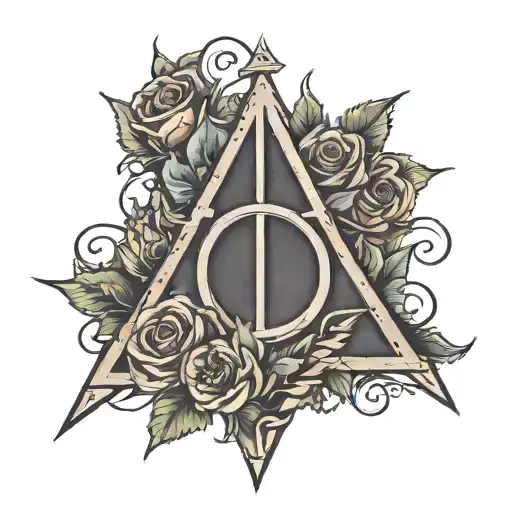deathly hallows symbol with flowers tattoo design idea