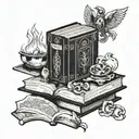 A stack of books with mystical symbols on the spines intertwined with tarot cards tattoo design idea