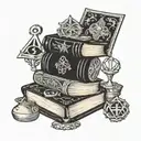A stack of books with mystical symbols on the spines intertwined with tarot cards tattoo design idea