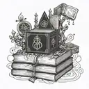 A stack of books with mystical symbols on the spines intertwined with tarot cards tattoo design idea