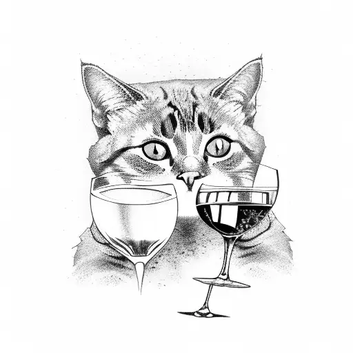 cat drinking a glass of wine tattoo design idea