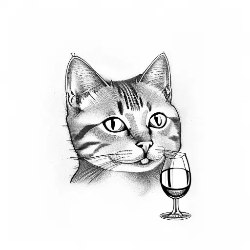 cat drinking a glass of wine tattoo design idea
