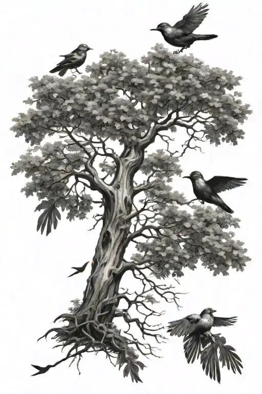 tree with branches and birds flying away tattoo design idea