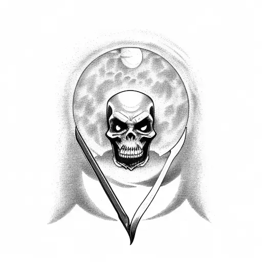 grim reaper with the moon as the blade of his sickle and a barbell as the handle of it tattoo design idea
