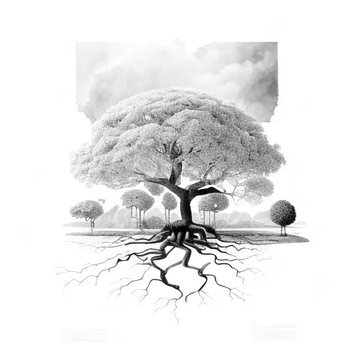 Brazilian large fig tree with small and large exposed roots  tattoo design idea