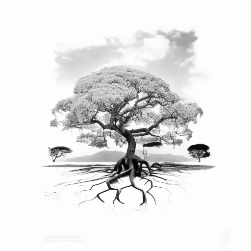 Brazilian large fig tree with small and large exposed roots and long and wide branches  tattoo design idea