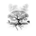 Brazilian large fig tree with small and large exposed roots and long and wide branches  tattoo design idea
