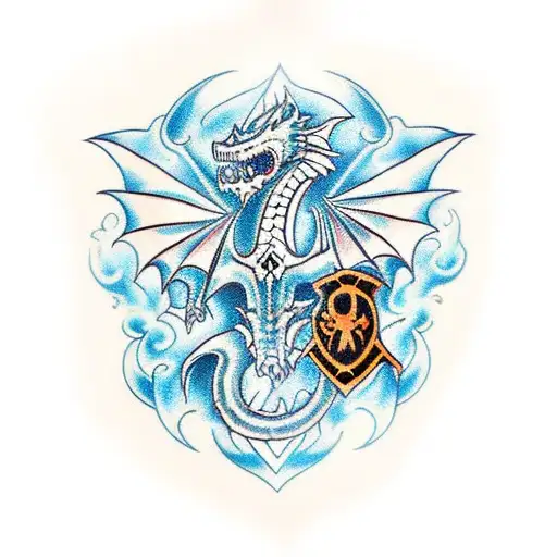 A traditional-style dragon skull adorned with Harley Davidson logos and symbols tattoo design idea