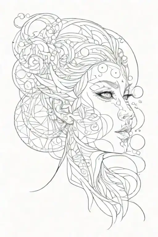 abstract thin rounded lines elf-woman full face with breeding circles tattoo design idea