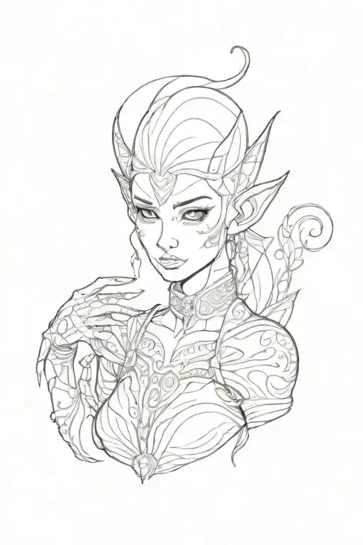 thin rounded lines elf-woman with breeding  tattoo design idea
