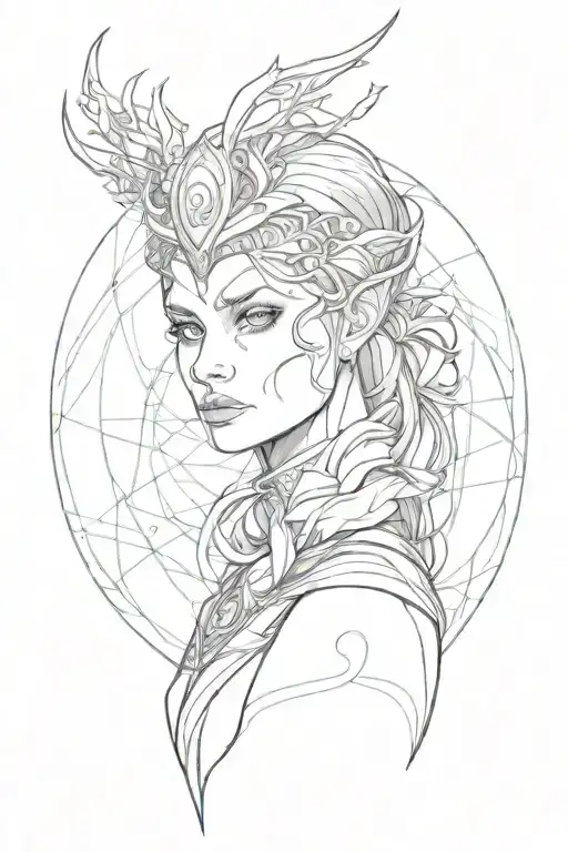abstract, thin circular breeding lines, elf-woman looking straight ahead tattoo design idea
