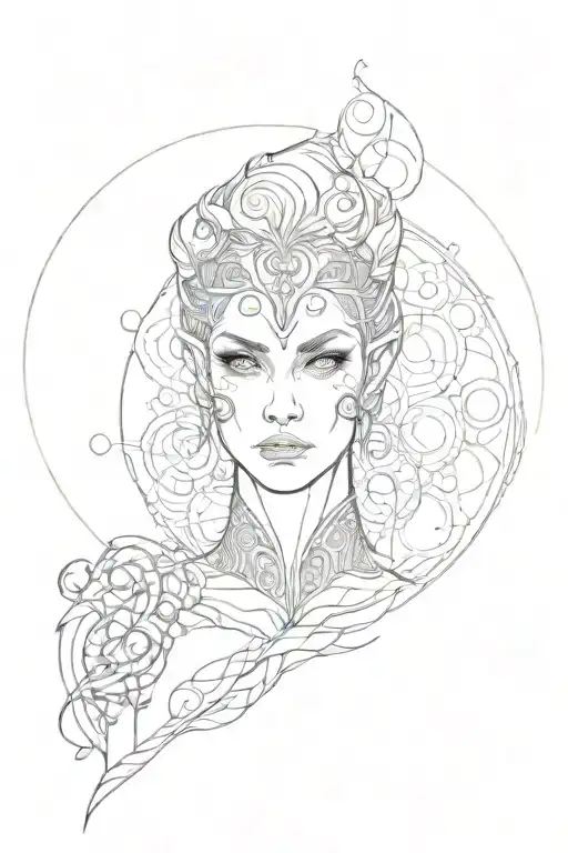 thin rounded lines elf-woman looking straight ahead with breeding circles around tattoo design idea